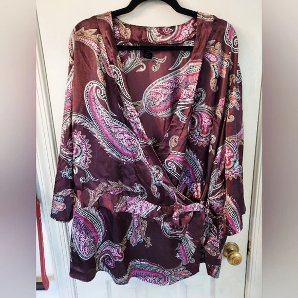 Lane Bryant Brown and Pink Paisley Silk Wrap Blouse in Size 22/24W - Picture 1 of 11
